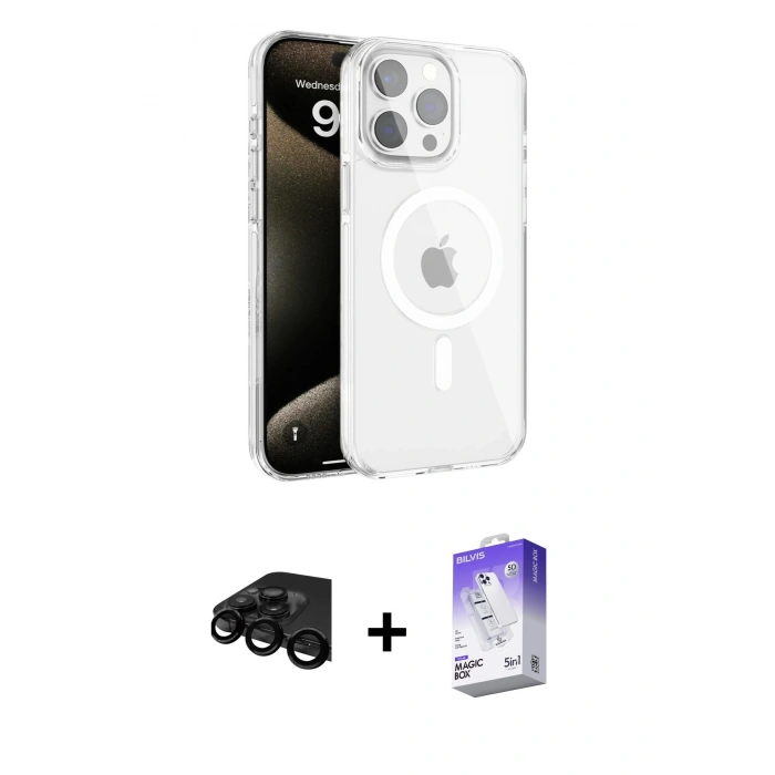 MARSİLYAN™- iPhone 15 Pro Max Kılıf Doruk Doku Özel Seri - Siyah Bilvis 5in1 3D Magic Cam Ekran Koruyucu + Raze Metal Kamera Lens - SH