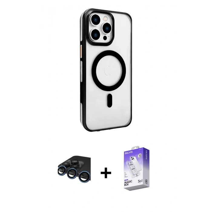 MARSİLYAN™- iPhone 15 Pro Max Kılıf Doruk Doku Özel Seri - Siyah Bilvis 5in1 3D Magic Cam Ekran Koruyucu + Raze Metal Kamera Lens - LT
