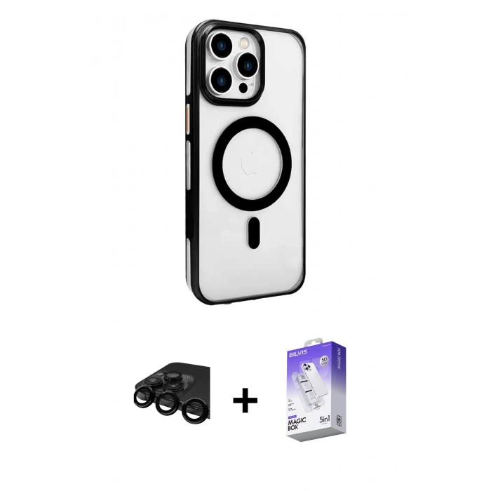 MARSİLYAN™- iPhone 15 Pro Max Kılıf Doruk Doku Özel Seri - Siyah Bilvis 5in1 3D Magic Cam Ekran Koruyucu + Raze Metal Kamera Lens - SH