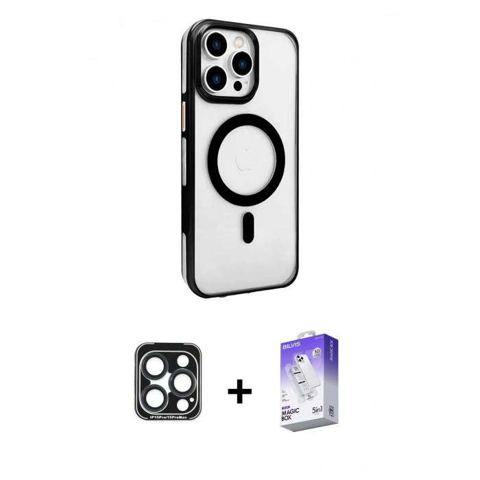 MARSİLYAN™- iPhone 15 Pro Max Kılıf Doruk Doku Özel Seri - Siyah Bilvis 5in1 3D Magic Cam Ekran Koruyucu + PVD Metal Kamera Lens - LT