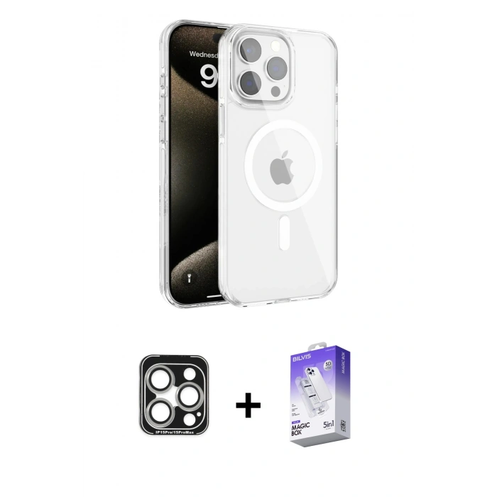 MARSİLYAN™- iPhone 15 Pro Max Kılıf Doruk Doku Özel Seri - Siyah Bilvis 5in1 3D Magic Cam Ekran Koruyucu + Gümüş PVD Metal Kamera Lens