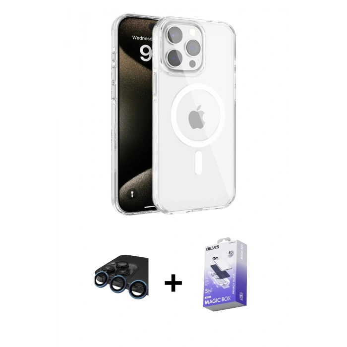 MARSİLYAN™- iPhone 15 Pro Max Kılıf Doruk Doku Özel Seri - Siyah Bilvis 5in1 5D Magic Hayalet Cam Ekran Koruyucu + Raze Metal Kamera Lens - LT