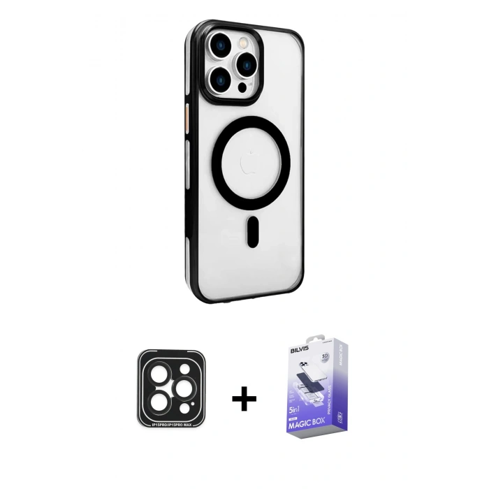 MARSİLYAN™- iPhone 15 Pro Max Kılıf Doruk Doku Özel Seri - Siyah Bilvis 5in1 5D Magic Hayalet Cam Ekran Koruyucu + PVD Metal Kamera Lens - SH