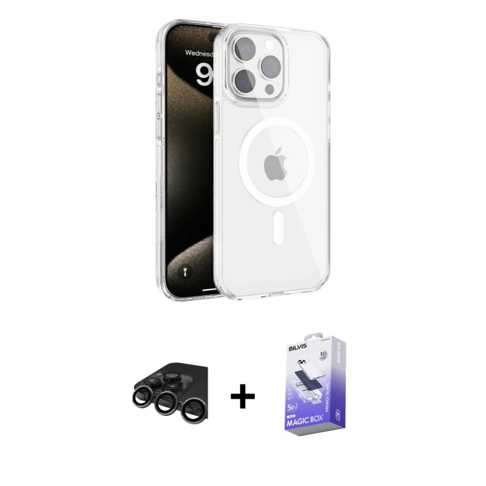 MARSİLYAN™- iPhone 15 Pro Max Kılıf Doruk Doku Özel Seri - Siyah Bilvis 5in1 5D Magic Hayalet Cam Ekran Koruyucu + Raze Metal Kamera Lens - TMGI