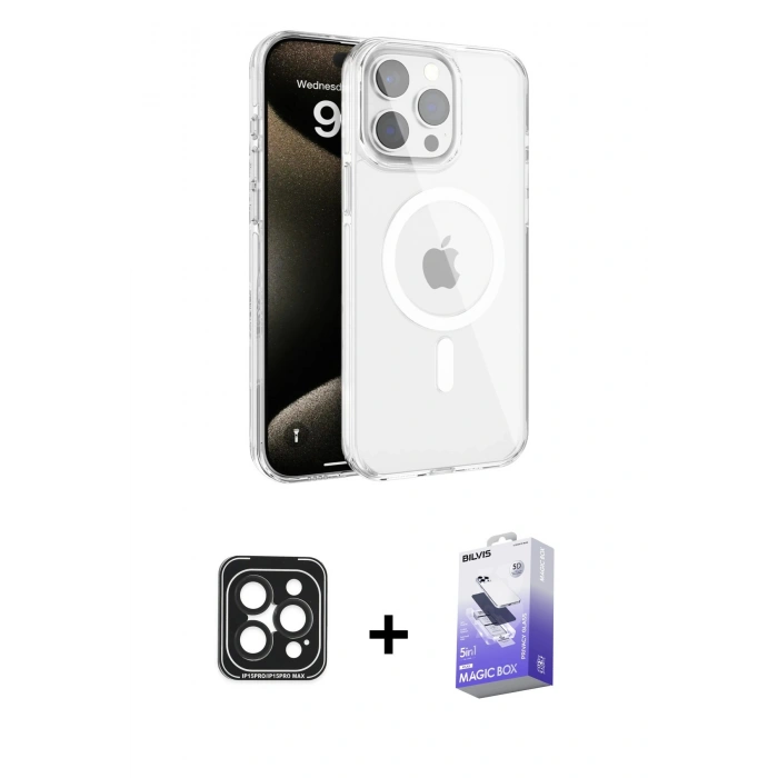 MARSİLYAN™- iPhone 15 Pro Max Kılıf Doruk Doku Özel Seri - Siyah Bilvis 5in1 5D Magic Hayalet Cam Ekran Koruyucu + PVD Metal Kamera Lens - SH