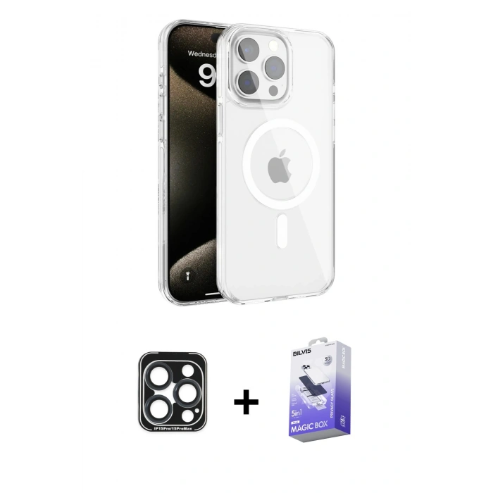 MARSİLYAN™- iPhone 15 Pro Max Kılıf Doruk Doku Özel Seri - Siyah Bilvis 5in1 5D Magic Hayalet Cam Ekran Koruyucu + PVD Metal Kamera Lens - LT