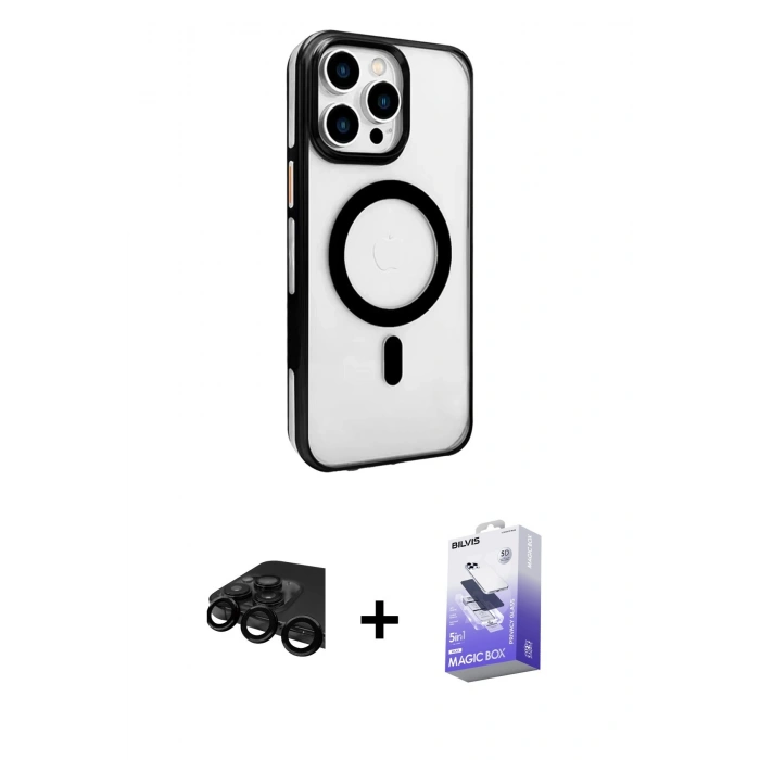 MARSİLYAN™- iPhone 15 Pro Max Kılıf Doruk Doku Özel Seri - Siyah Bilvis 5in1 5D Magic Hayalet Cam Ekran Koruyucu + Raze Metal Kamera Lens - SH