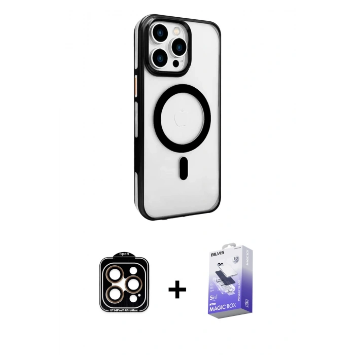 MARSİLYAN™- iPhone 15 Pro Max Kılıf Doruk Doku Özel Seri - Siyah Bilvis 5in1 5D Magic Hayalet Cam Ekran Koruyucu + PVD Metal Kamera Lens - TU