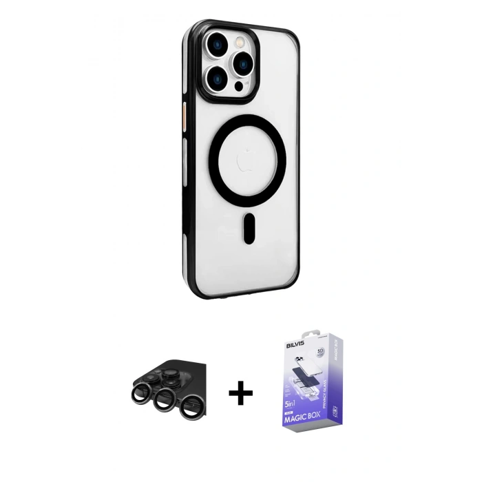 MARSİLYAN™- iPhone 15 Pro Max Kılıf Doruk Doku Özel Seri - Siyah Bilvis 5in1 5D Magic Hayalet Cam Ekran Koruyucu + Raze Metal Kamera Lens - TMGI