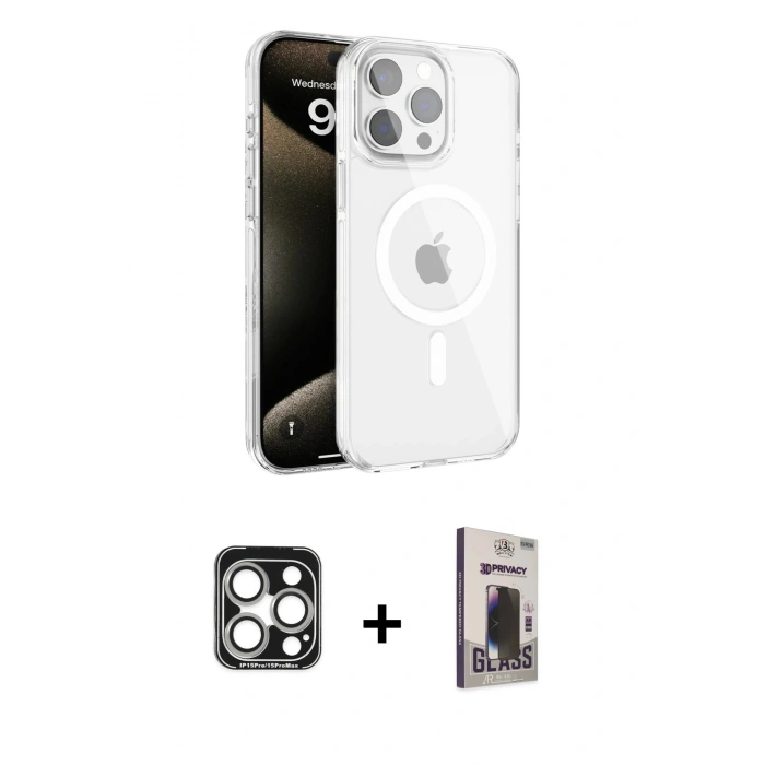 MARSİLYAN™- iPhone 15 Pro Max Kılıf Doruk Doku Özel Seri - Siyah Bilvis Hayalet Cam Ekran Koruyucu + PVD Metal Kamera Lens - GS