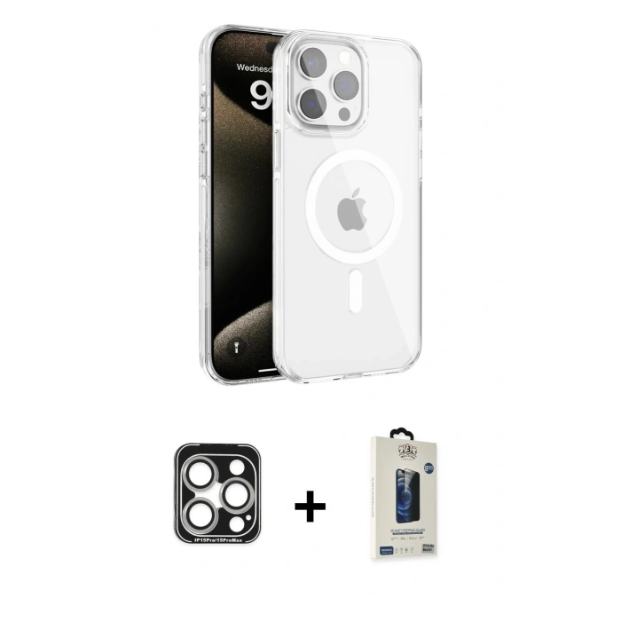 MARSİLYAN™- iPhone 15 Pro Max Kılıf Doruk Doku Özel Seri - Siyah Bilvis Hayalet Cam Ekran Koruyucu + PVD Metal Kamera Lens - GS