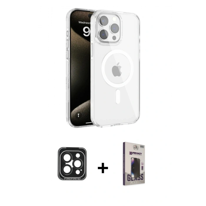 MARSİLYAN™- iPhone 15 Pro Max Kılıf Doruk Doku Özel Seri - Siyah Bilvis Hayalet Cam Ekran Koruyucu + PVD Metal Kamera Lens - SH