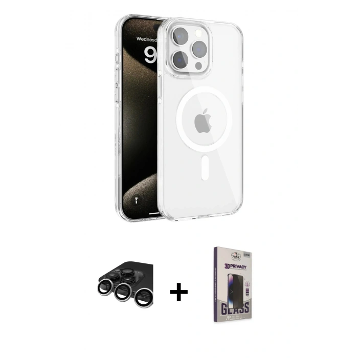 MARSİLYAN™- iPhone 15 Pro Max Kılıf Doruk Doku Özel Seri - Siyah Bilvis Hayalet Cam Ekran Koruyucu + Raze Metal Kamera Lens - GS
