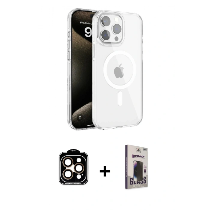 MARSİLYAN™- iPhone 15 Pro Max Kılıf Doruk Doku Özel Seri - Siyah Bilvis Hayalet Cam Ekran Koruyucu + PVD Metal Kamera Lens - TU