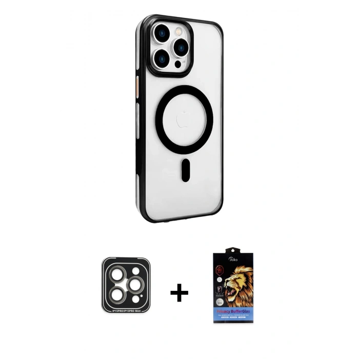 MARSİLYAN™- iPhone 15 Pro Max Kılıf Doruk Doku Özel Seri - Siyah Buffer Hayalet Cam Ekran Koruyucu + PVD Metal Kamera Lens - GI