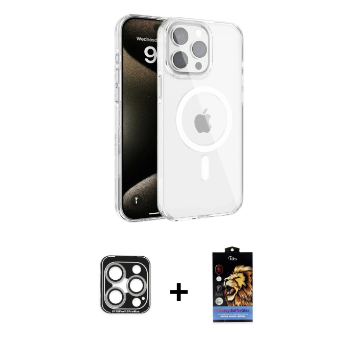 MARSİLYAN™- iPhone 15 Pro Max Kılıf Doruk Doku Özel Seri - Siyah Buffer Hayalet Cam Ekran Koruyucu + PVD Metal Kamera Lens - GS
