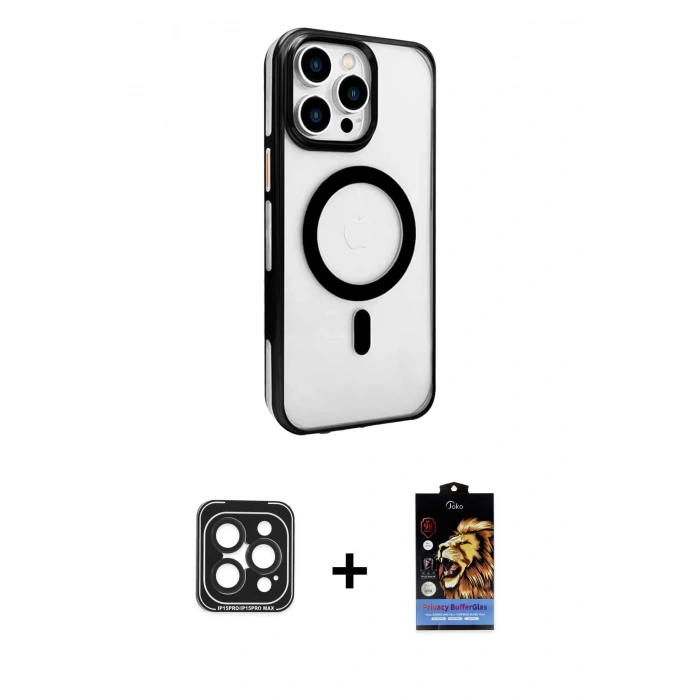 MARSİLYAN™- iPhone 15 Pro Max Kılıf Doruk Doku Özel Seri - Siyah Buffer Hayalet Cam Ekran Koruyucu + PVD Metal Kamera Lens - SH
