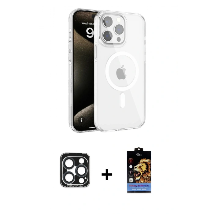 MARSİLYAN™- iPhone 15 Pro Max Kılıf Doruk Doku Özel Seri - Siyah Buffer Hayalet Cam Ekran Koruyucu + PVD Metal Kamera Lens - LT