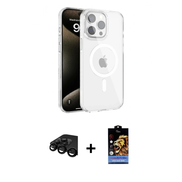 MARSİLYAN™- iPhone 15 Pro Max Kılıf Doruk Doku Özel Seri - Siyah Buffer Hayalet Cam Ekran Koruyucu + Raze Metal Kamera Lens - SH