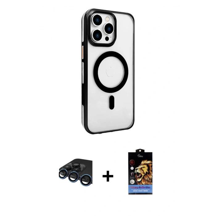 MARSİLYAN™- iPhone 15 Pro Max Kılıf Doruk Doku Özel Seri - Siyah Buffer Hayalet Cam Ekran Koruyucu + Raze Metal Kamera Lens - LT