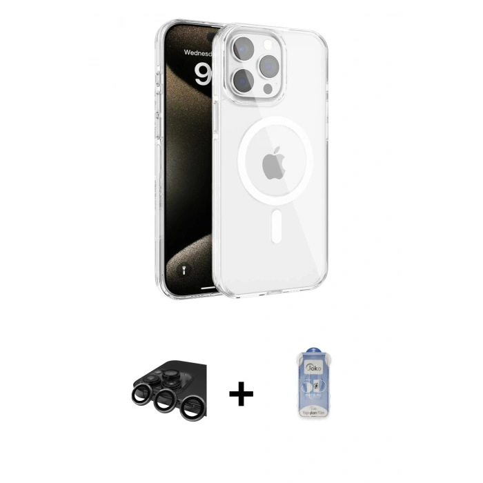 MARSİLYAN™- iPhone 15 Pro Max Kılıf Doruk Doku Özel Seri - Siyah Joko Magic 5D Cam + Titanyum Gri Raze Metal Kamera Lens