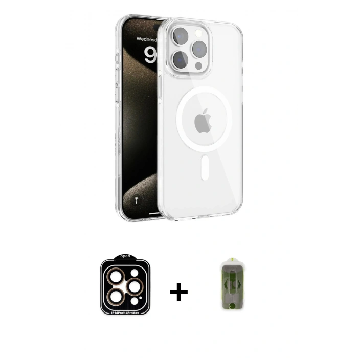 MARSİLYAN™- iPhone 15 Pro Max Kılıf Doruk Doku Özel Seri - Siyah Joko Magic 5D Hayalet Cam + Turuncu PVD Metal Kamera Lens