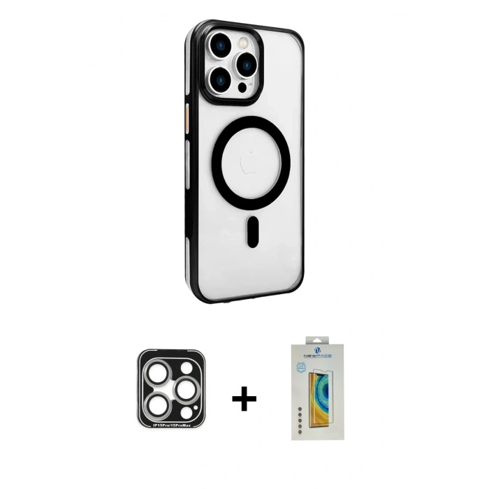 MARSİLYAN™- iPhone 15 Pro Max Kılıf Doruk Doku Özel Seri - Siyah Polymer Nano Ekran Koruyucu + PVD Metal Kamera Lens - GS