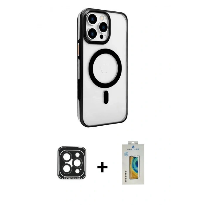 MARSİLYAN™- iPhone 15 Pro Max Kılıf Doruk Doku Özel Seri - Siyah Polymer Nano Ekran Koruyucu + PVD Metal Kamera Lens - SH