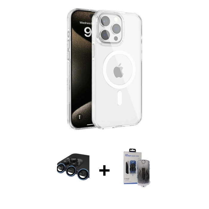 MARSİLYAN™- iPhone 15 Pro Max Kılıf Doruk Doku Özel Seri - Siyah Vanessa Magic Hayalet Cam + Raze Metal Kamera Lens - LT