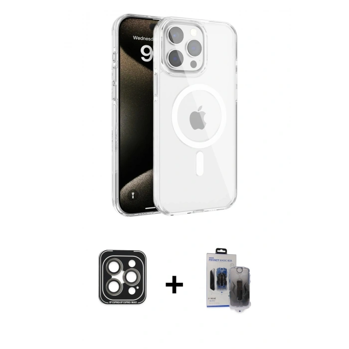 MARSİLYAN™- iPhone 15 Pro Max Kılıf Doruk Doku Özel Seri - Siyah Vanessa Magic Hayalet Cam + PVD Metal Kamera Lens - GI
