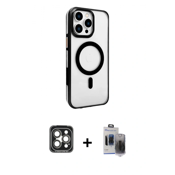 MARSİLYAN™- iPhone 15 Pro Max Kılıf Doruk Doku Özel Seri - Siyah Vanessa Magic Hayalet Cam + PVD Metal Kamera Lens - GI