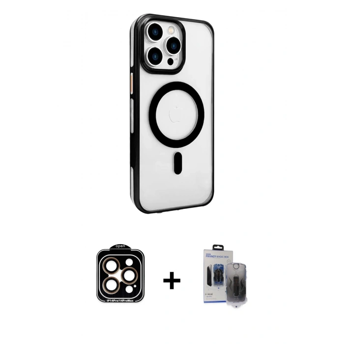 MARSİLYAN™- iPhone 15 Pro Max Kılıf Doruk Doku Özel Seri - Siyah Vanessa Magic Hayalet Cam + PVD Metal Kamera Lens - TU