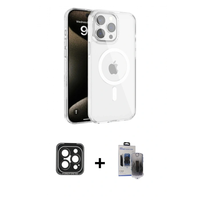 MARSİLYAN™- iPhone 15 Pro Max Kılıf Doruk Doku Özel Seri - Siyah Vanessa Magic Hayalet Cam + PVD Metal Kamera Lens - SH