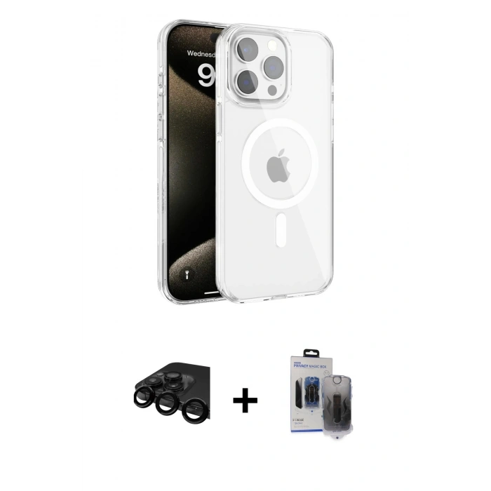 MARSİLYAN™- iPhone 15 Pro Max Kılıf Doruk Doku Özel Seri - Siyah Vanessa Magic Hayalet Cam + Siyah Raze Metal Kamera Lens