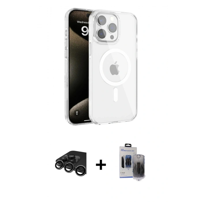 MARSİLYAN™- iPhone 15 Pro Max Kılıf Doruk Doku Özel Seri - Siyah Vanessa Magic Hayalet Cam + Raze Metal Kamera Lens - TMGI