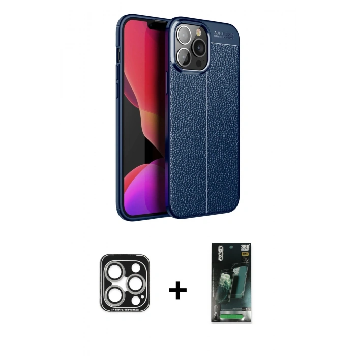 MARSİLYAN™- iPhone 15 Pro Max Kılıf Doruk Klasik Özel Seri - Şeffaf 360 Full Body Arka Koruyucu + PVD Metal Kamera Lens - GS