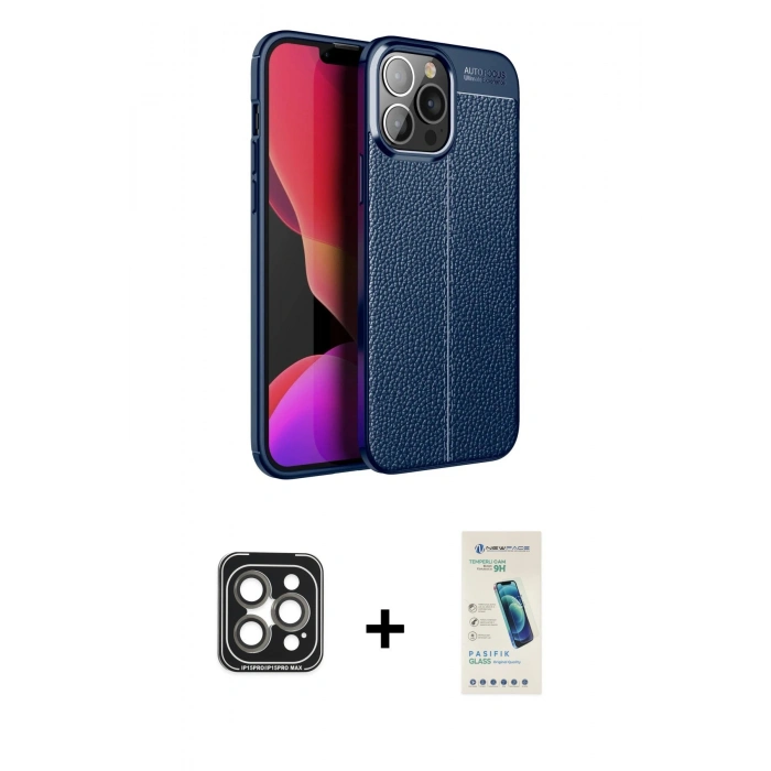 MARSİLYAN™- iPhone 15 Pro Max Kılıf Doruk Klasik Özel Seri - Şeffaf Pasifik Cam Ekran Koruyucu + PVD Metal Kamera Lens - GI