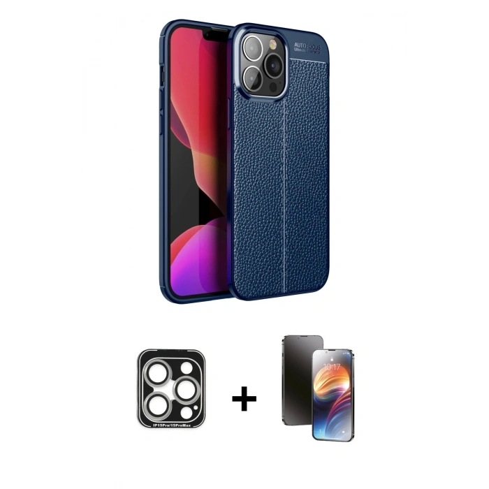 MARSİLYAN™- iPhone 15 Pro Max Kılıf Doruk Klasik Özel Seri - Siyah 3D Antistatik Mat Seramik Nano Ekran Koruyucu + PVD Metal Kamera Lens - GS