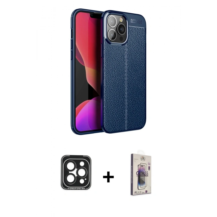 MARSİLYAN™- iPhone 15 Pro Max Kılıf Doruk Klasik Özel Seri - Siyah Bilvis 3D Cam Ekran Koruyucu + PVD Metal Kamera Lens - SH