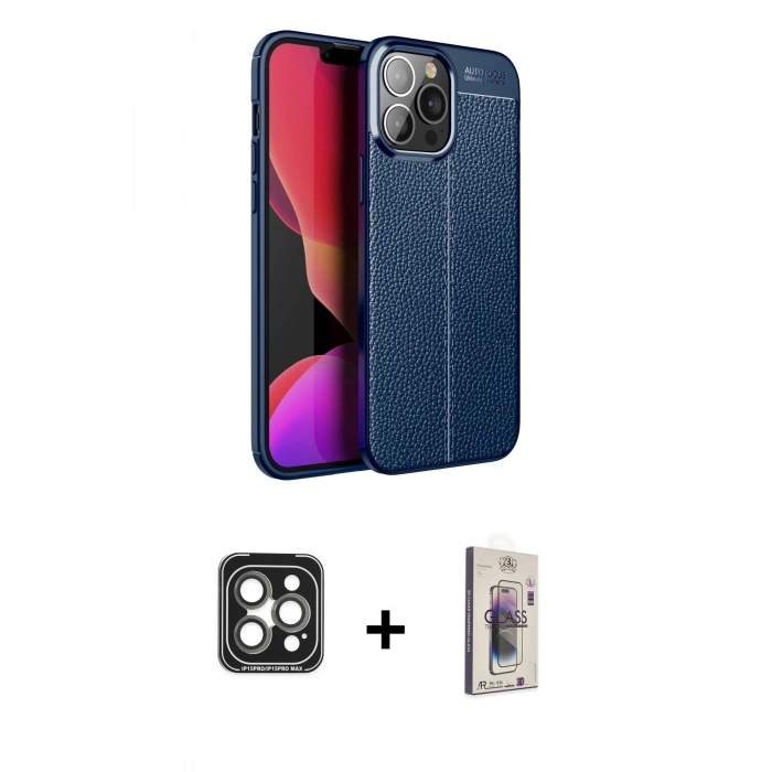 MARSİLYAN™- iPhone 15 Pro Max Kılıf Doruk Klasik Özel Seri - Siyah Bilvis 3D Cam Ekran Koruyucu + PVD Metal Kamera Lens - GI