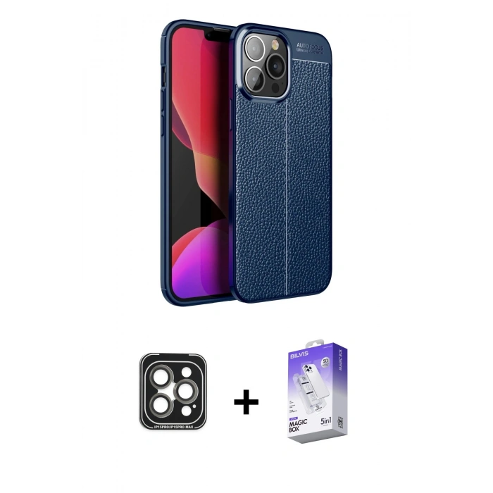 MARSİLYAN™- iPhone 15 Pro Max Kılıf Doruk Klasik Özel Seri - Siyah Bilvis 5in1 3D Magic Cam Ekran Koruyucu + PVD Metal Kamera Lens - GI