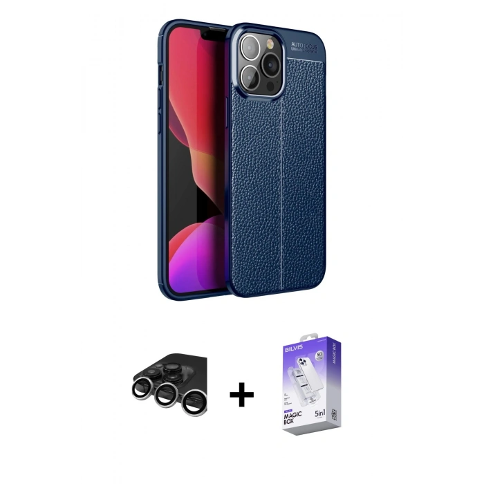 MARSİLYAN™- iPhone 15 Pro Max Kılıf Doruk Klasik Özel Seri - Siyah Bilvis 5in1 3D Magic Cam Ekran Koruyucu + Raze Metal Kamera Lens - GS