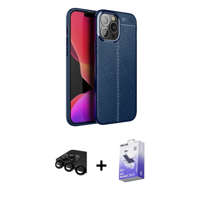 MARSİLYAN™- iPhone 15 Pro Max Kılıf Doruk Klasik Özel Seri - Siyah Bilvis 5in1 5D Magic Hayalet Cam Ekran Koruyucu + Raze Metal Kamera Lens - SH