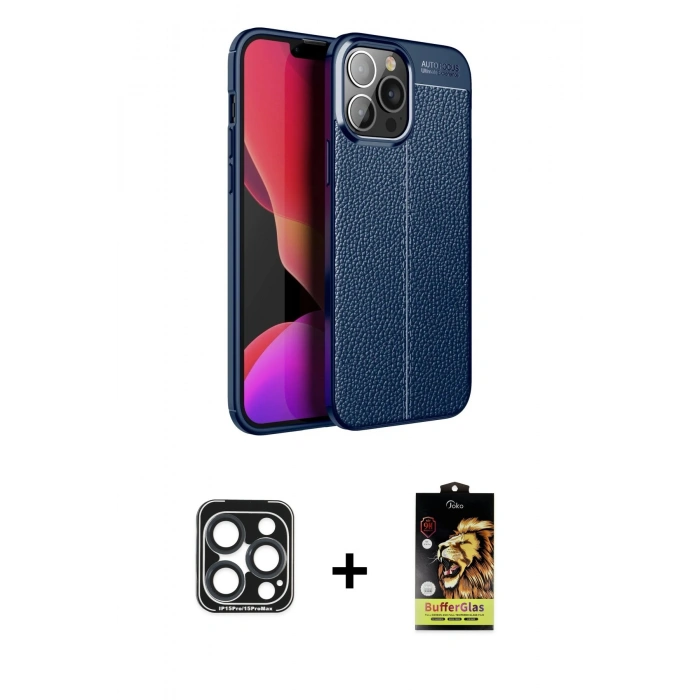 MARSİLYAN™- iPhone 15 Pro Max Kılıf Doruk Klasik Özel Seri - Siyah Buffer Cam Ekran Koruyucu + PVD Metal Kamera Lens - LT