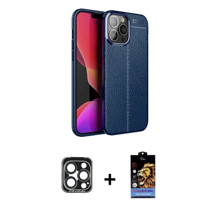 MARSİLYAN™- iPhone 15 Pro Max Kılıf Doruk Klasik Özel Seri - Siyah Buffer Hayalet Cam Ekran Koruyucu + PVD Metal Kamera Lens - LT