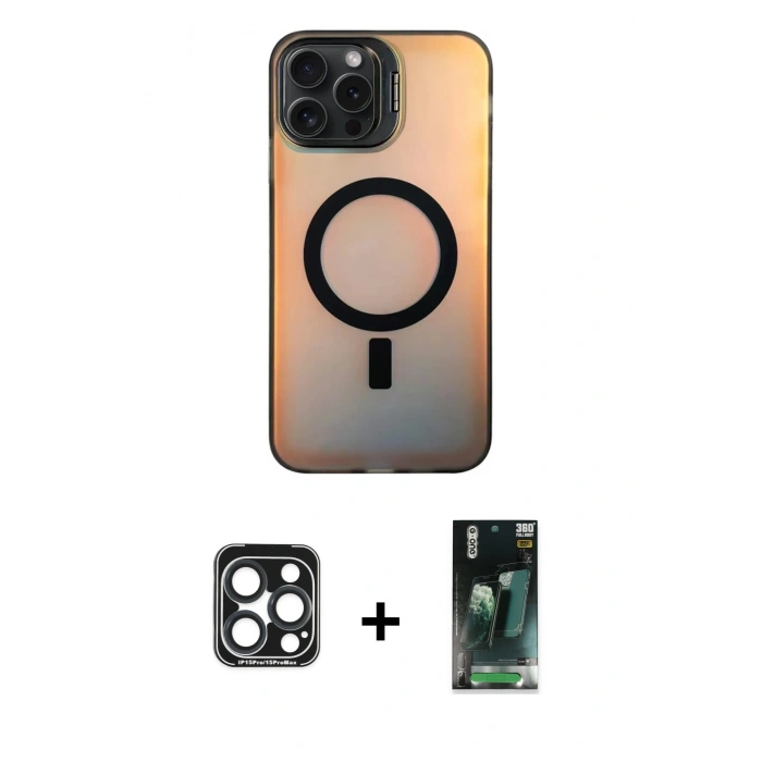 MARSİLYAN™- iPhone 15 Pro Max Kılıf Doruk Klasik Prime - Şeffaf 360 Full Body Arka Koruyucu + PVD Metal Kamera Lens - LT
