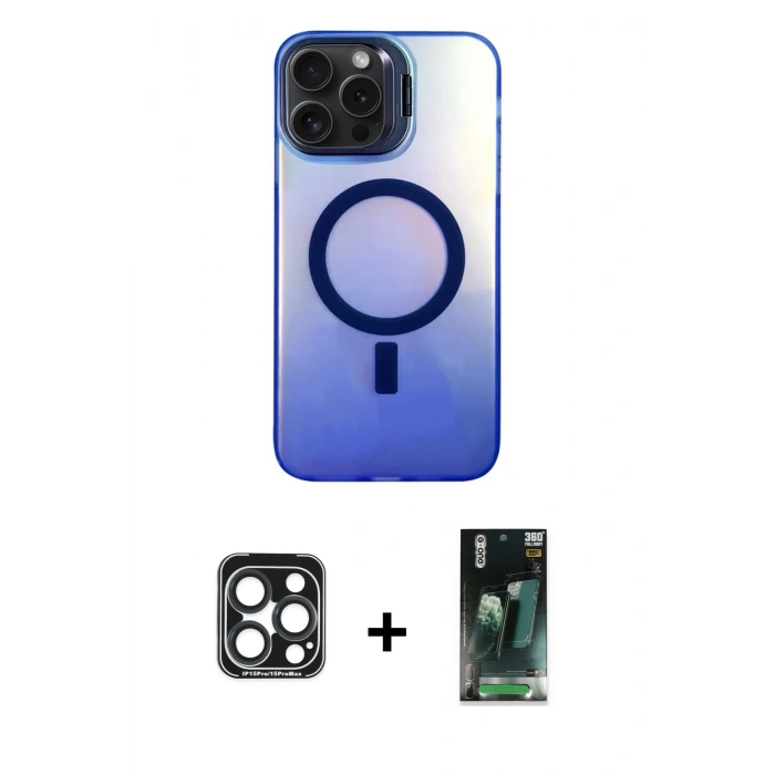 MARSİLYAN™- iPhone 15 Pro Max Kılıf Doruk Klasik Prime - Şeffaf 360 Full Body Arka Koruyucu + PVD Metal Kamera Lens - LT
