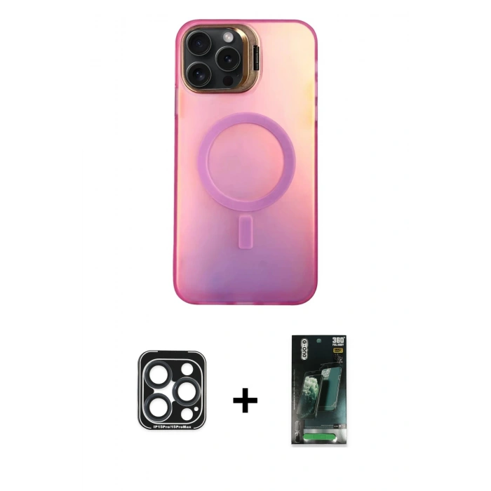 MARSİLYAN™- iPhone 15 Pro Max Kılıf Doruk Klasik Prime - Şeffaf 360 Full Body Arka Koruyucu + PVD Metal Kamera Lens - LT
