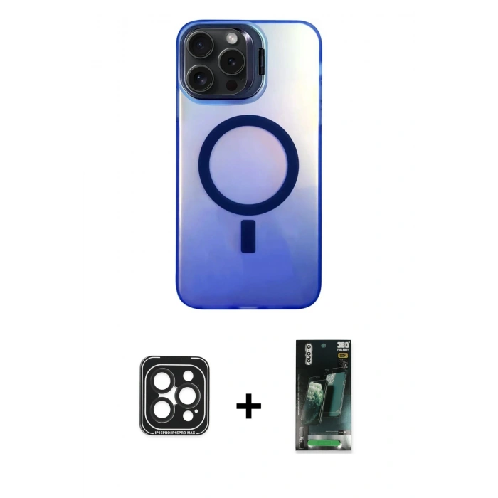 MARSİLYAN™- iPhone 15 Pro Max Kılıf Doruk Klasik Prime - Şeffaf 360 Full Body Arka Koruyucu + PVD Metal Kamera Lens - SH