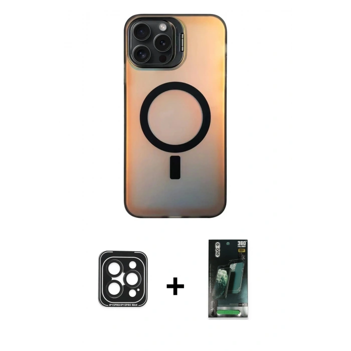 MARSİLYAN™- iPhone 15 Pro Max Kılıf Doruk Klasik Prime - Şeffaf 360 Full Body Arka Koruyucu + PVD Metal Kamera Lens - SH